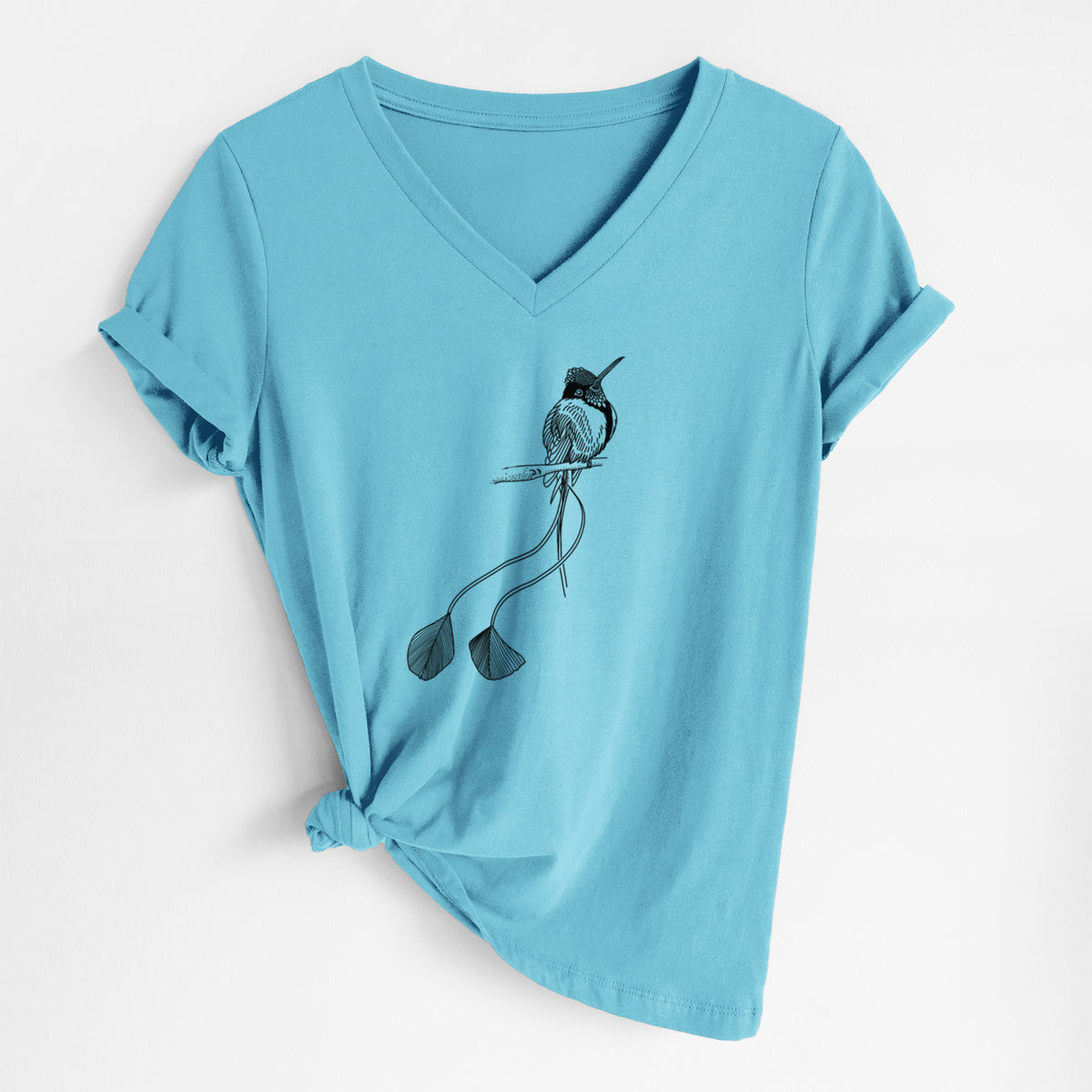 Turquoise women's relaxed fit cotton V-neck t-shirt laid flat, printed with a black ink illustration of a marvelous spatuletail hummingbird perched, with its two long racket-tipped tail feathers.
