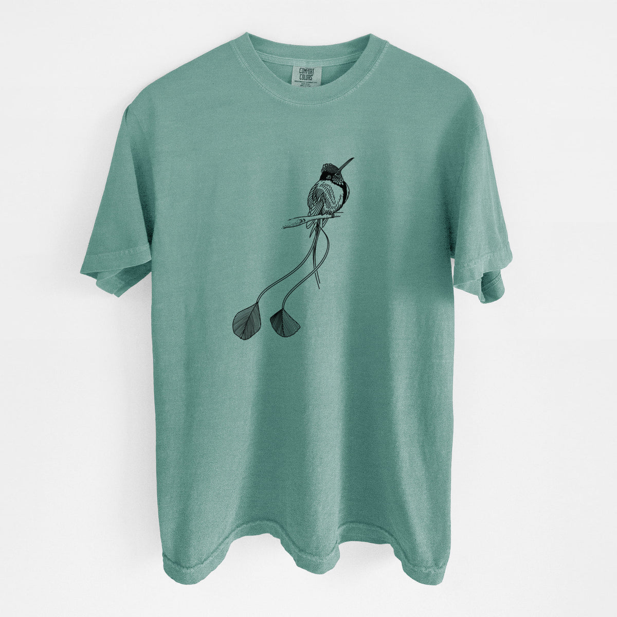 Reef green Comfort Colors t-shirt laid flat, printed with a black ink illustration of a marvelous spatuletail hummingbird perched, with its two long racket-tipped tail feathers.