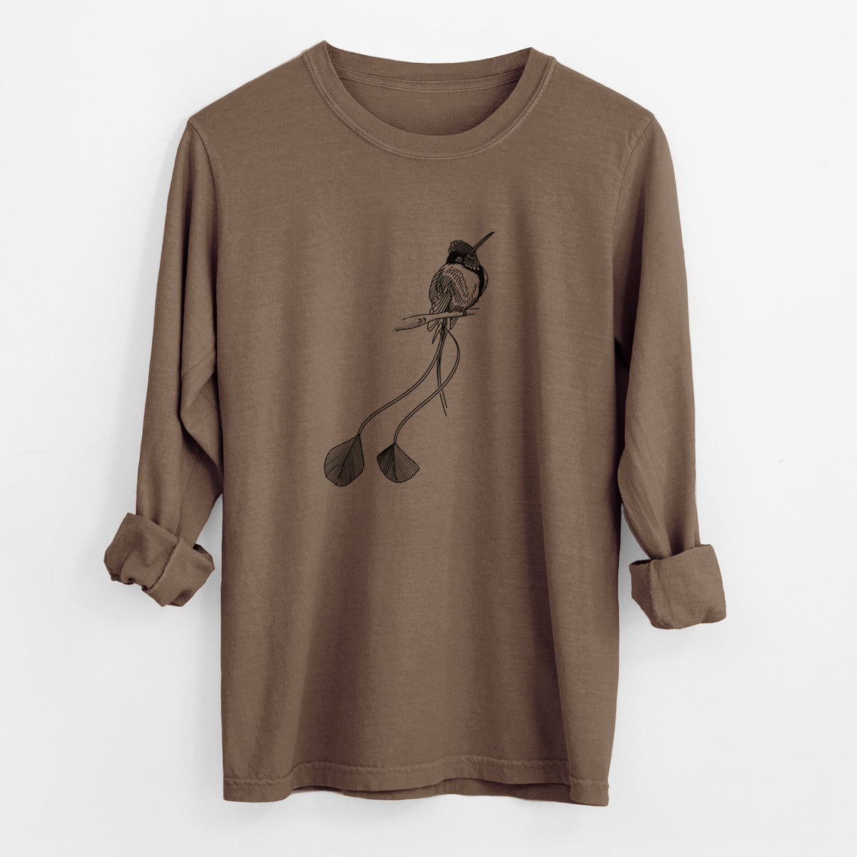 Espresso brown Comfort Colors long sleeve shirt laid flat with the cuffs rolled, printed with a black ink illustration of a marvelous spatuletail hummingbird perched, with its two long racket-tipped tail feathers.