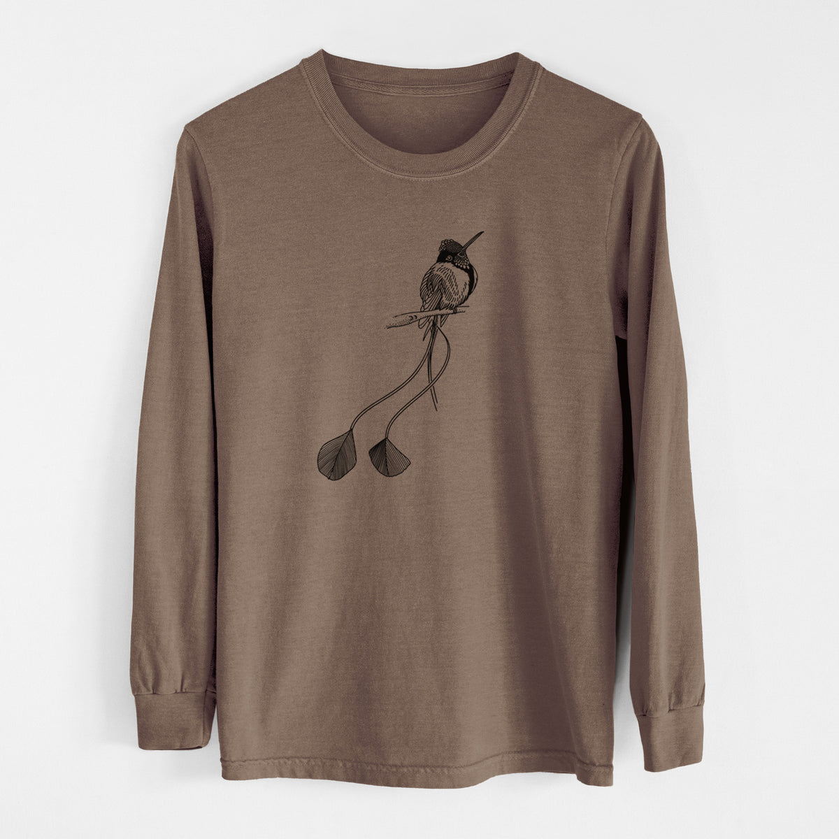 Espresso brown Comfort Colors long sleeve shirt laid flat, printed with a black ink illustration of a marvelous spatuletail hummingbird perched, with its two long racket-tipped tail feathers.