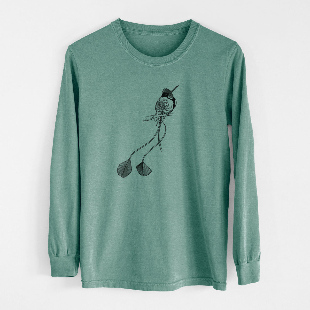 Pine green Comfort Colors long sleeve shirt laid flat, printed with a black ink illustration of a marvelous spatuletail hummingbird perched, with its two long racket-tipped tail feathers.