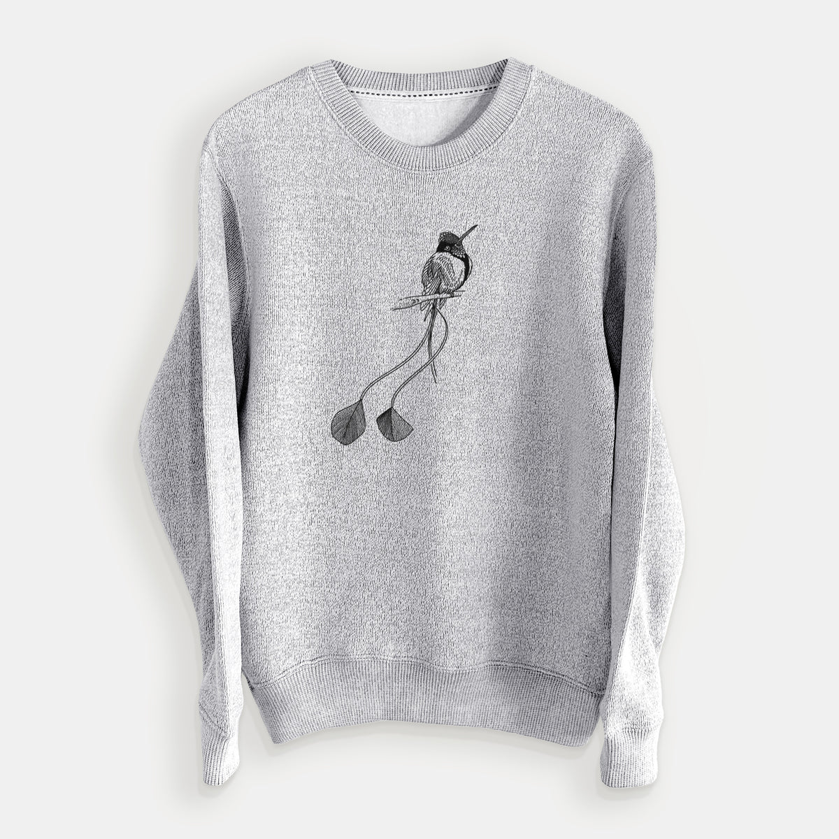 Salt and pepper knit sweatshirt laid flat, printed with a black ink illustration of a marvelous spatuletail hummingbird perched, with its two long racket-tipped tail feathers.