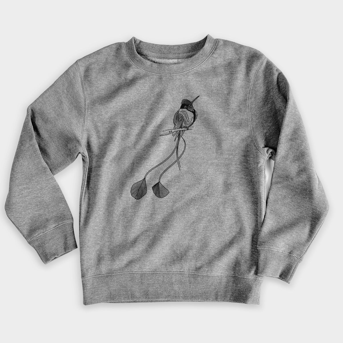 Nickel grey youth crewneck sweatshirt laid flat, printed with a black ink illustration of a marvelous spatuletail hummingbird perched, with its two long racket-tipped tail feathers.