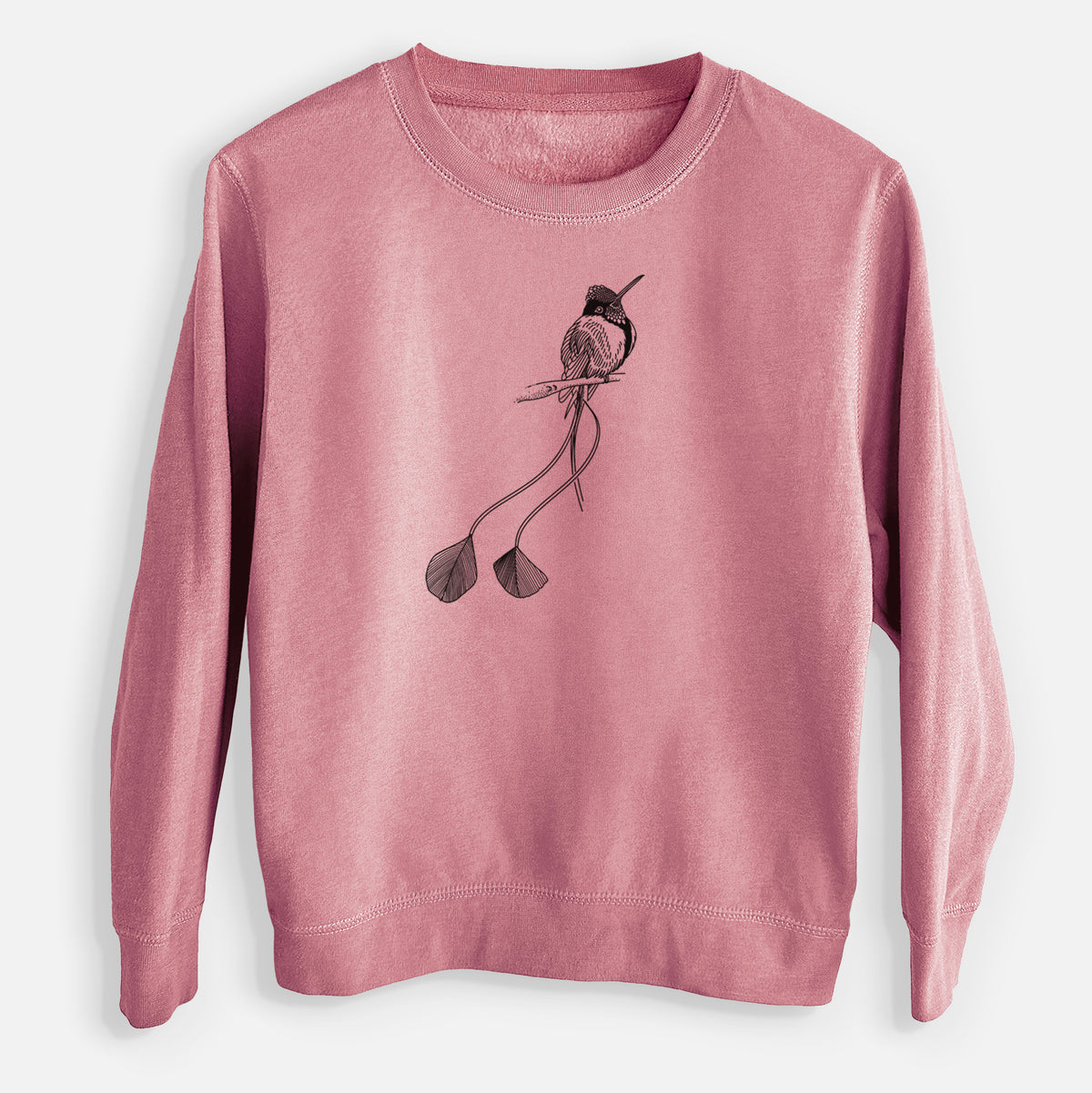 Mauve pink youth crewneck sweatshirt laid flat, printed with a black ink illustration of a marvelous spatuletail hummingbird perched, with its two long racket-tipped tail feathers.