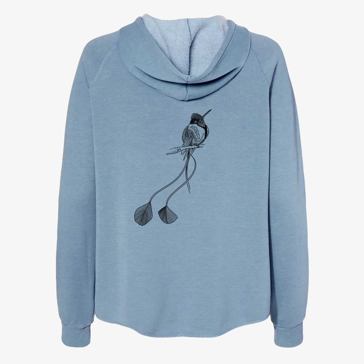 Misty blue women's Cali Wave zip-up sweatshirt laid flat, printed with a black ink illustration of a marvelous spatuletail hummingbird perched, with its two long racket-tipped tail feathers.