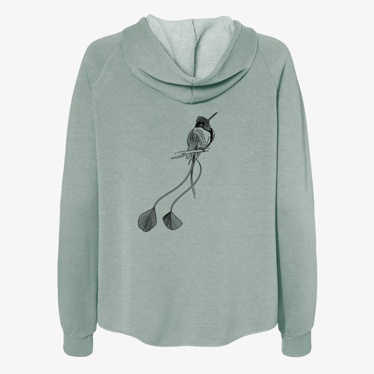 Sage green women's Cali Wave zip-up sweatshirt laid flat, printed with a black ink illustration of a marvelous spatuletail hummingbird perched, with its two long racket-tipped tail feathers.