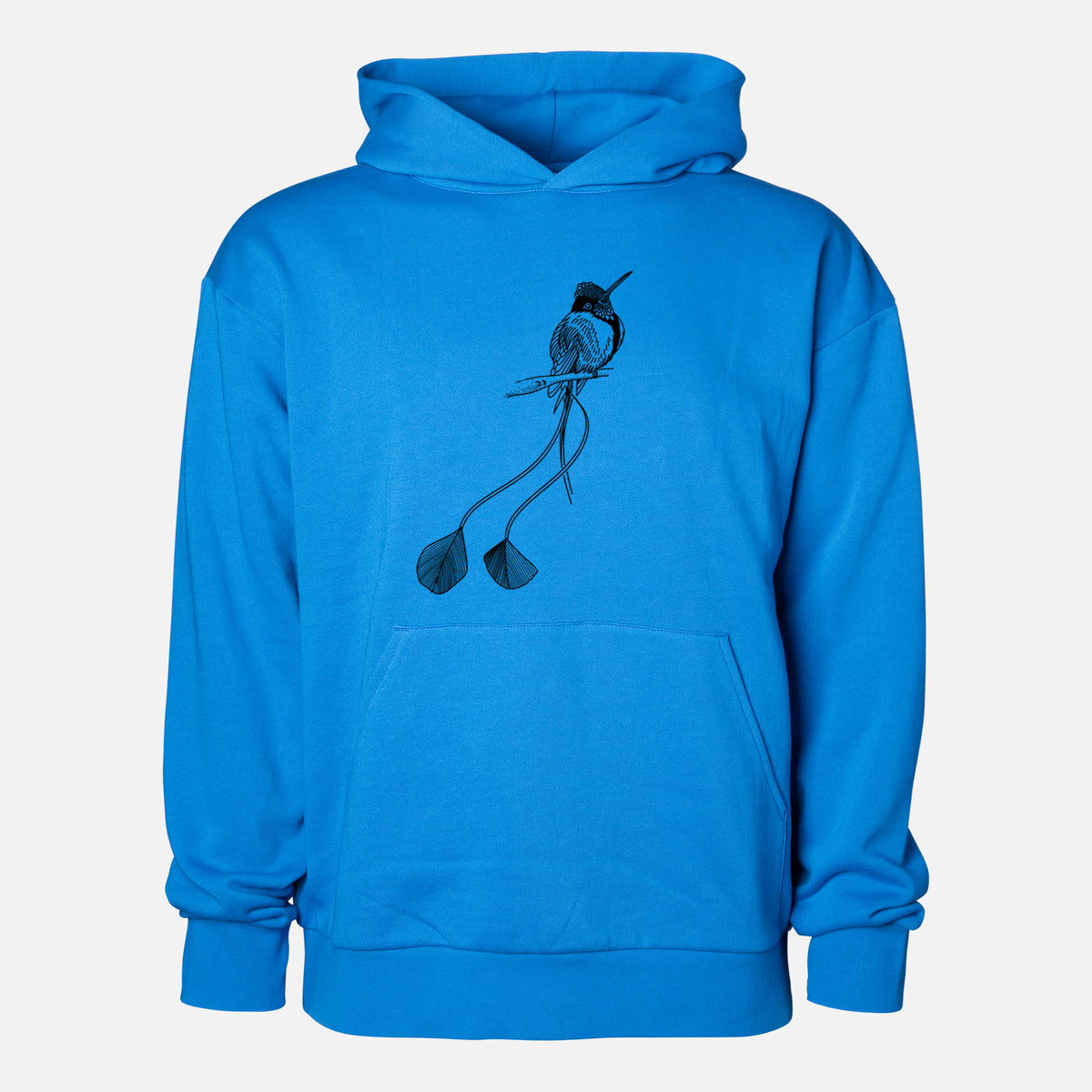 Marvelous Spatuletail Hummingbird - Statement Midweight Hoodie in Azure Blue, shown from the front with the design printed on the chest above a front kangaroo pocket.