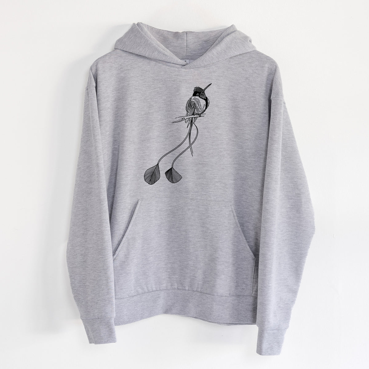 Marvelous Spatuletail Hummingbird - Statement Midweight Hoodie in Heather Grey, hanging on a white wall, with a front kangaroo pocket and no drawcords.