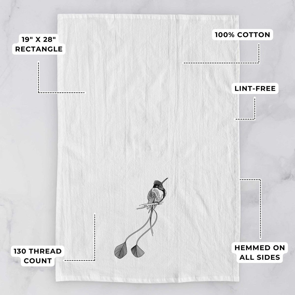 White tea towel printed with a black ink illustration of a marvelous spatuletail hummingbird perched, with its two long racket-tipped tail feathers, with feature labels: 19 by 28 inch rectangle, 100% cotton, lint-free, 130 thread count, hemmed on all sides.