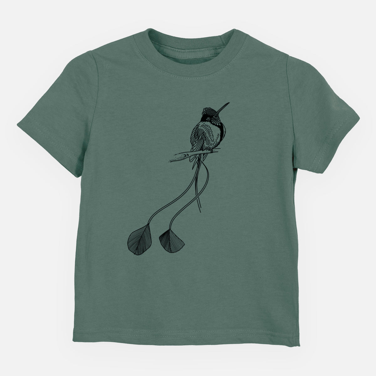 Basil green toddler t-shirt laid flat, printed with a black ink illustration of a marvelous spatuletail hummingbird perched, with its two long racket-tipped tail feathers.