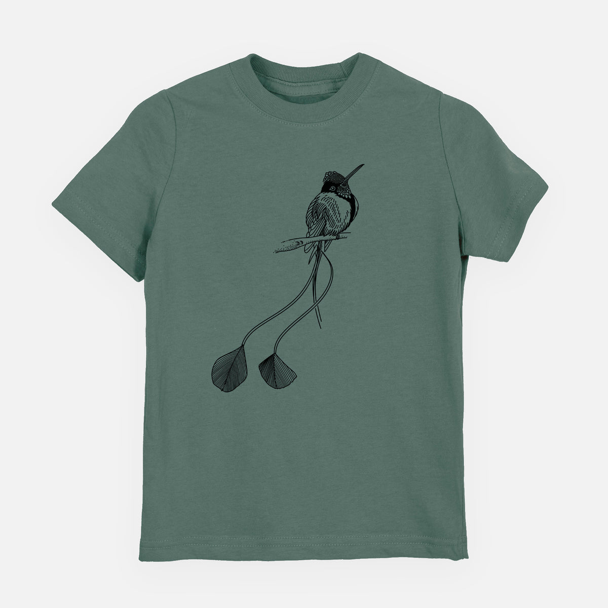 Basil green youth t-shirt laid flat, printed with a black ink illustration of a marvelous spatuletail hummingbird perched, with its two long racket-tipped tail feathers.