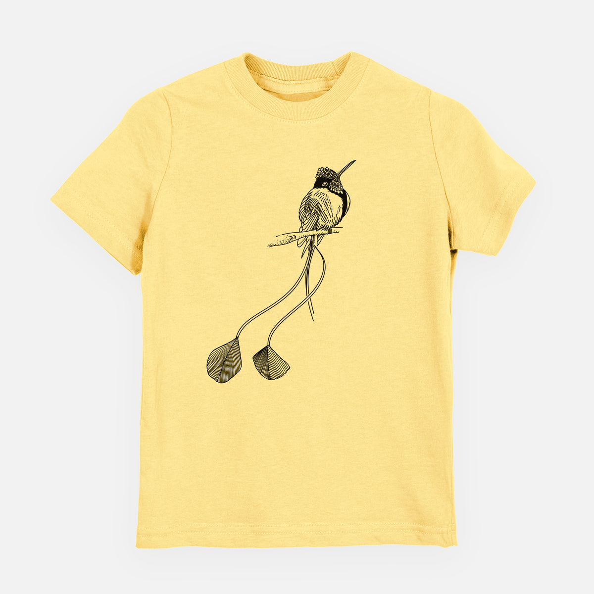 Butter yellow youth t-shirt laid flat, printed with a black ink illustration of a marvelous spatuletail hummingbird perched, with its two long racket-tipped tail feathers.