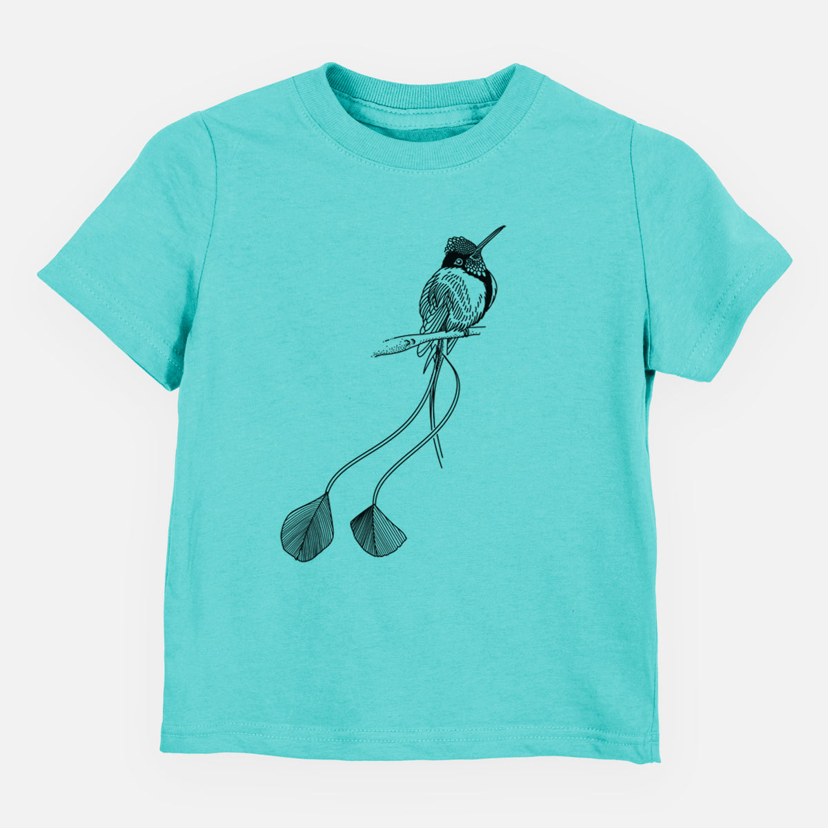 Caribbean blue toddler t-shirt laid flat, printed with a black ink illustration of a marvelous spatuletail hummingbird perched, with its two long racket-tipped tail feathers.