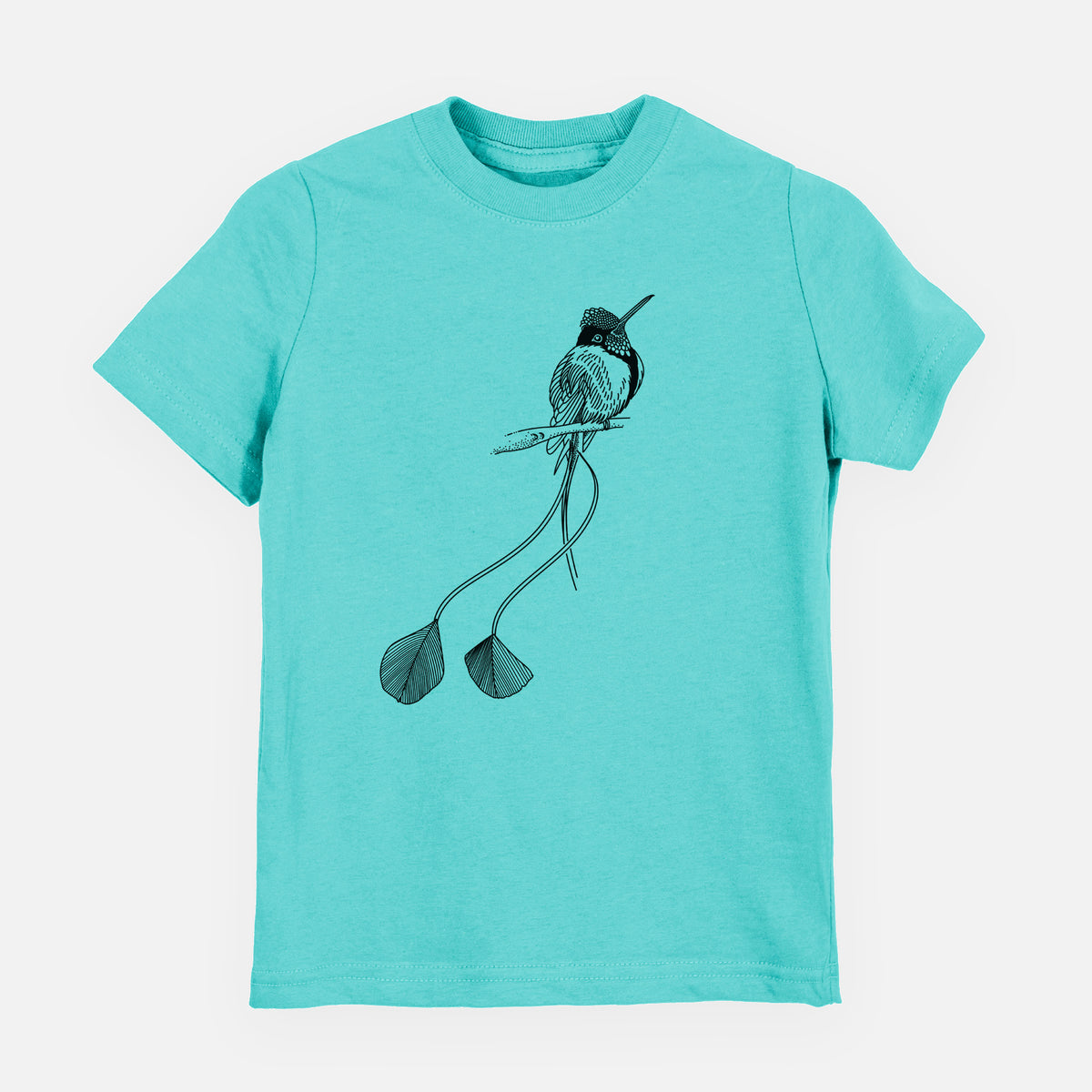 Caribbean blue youth t-shirt laid flat, printed with a black ink illustration of a marvelous spatuletail hummingbird perched, with its two long racket-tipped tail feathers.