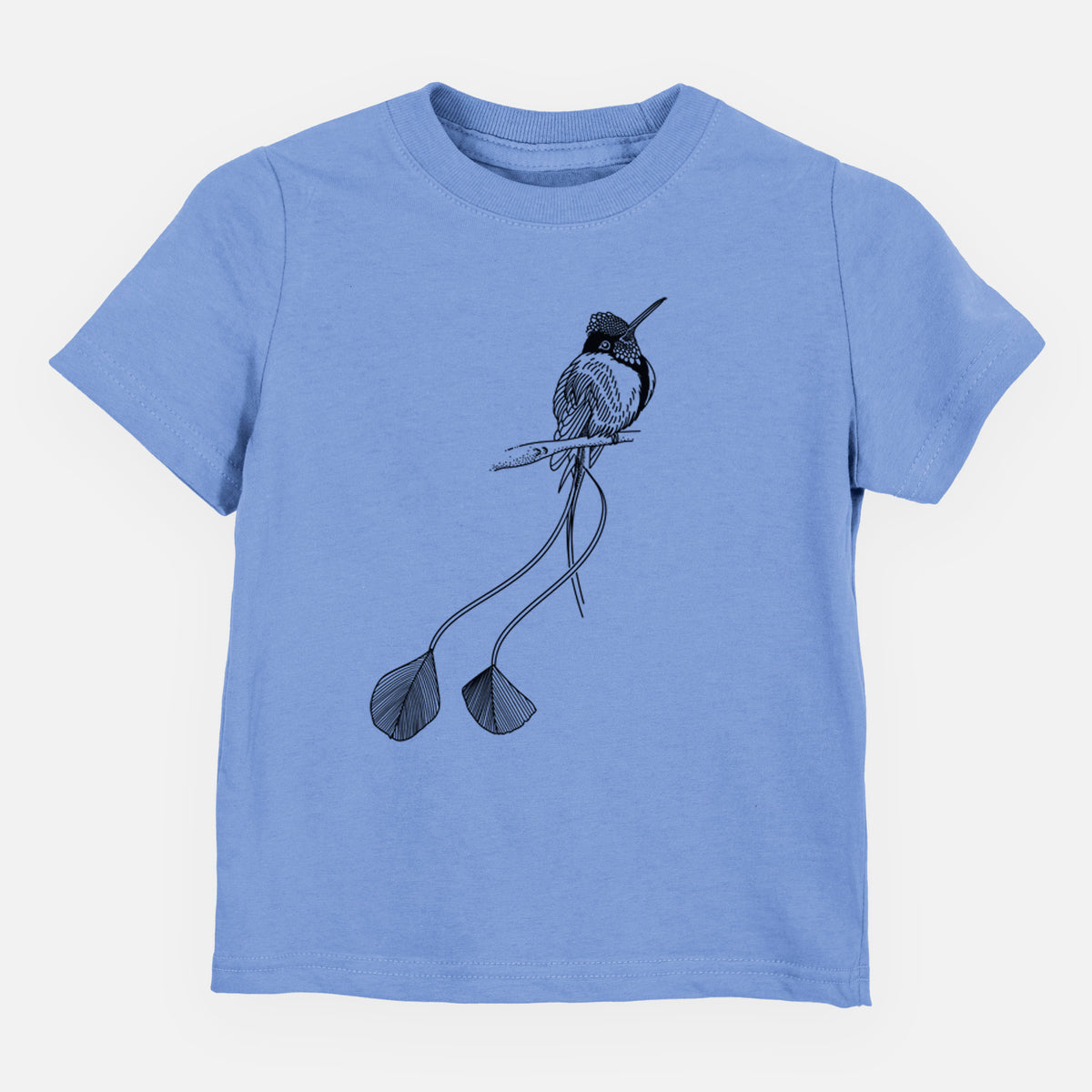 Carolina blue toddler t-shirt laid flat, printed with a black ink illustration of a marvelous spatuletail hummingbird perched, with its two long racket-tipped tail feathers.