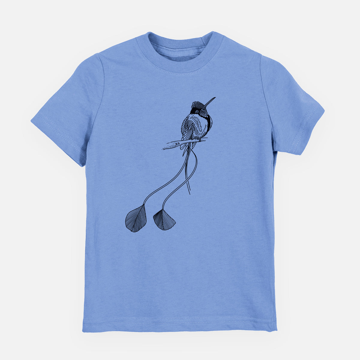 Carolina blue youth t-shirt laid flat, printed with a black ink illustration of a marvelous spatuletail hummingbird perched, with its two long racket-tipped tail feathers.