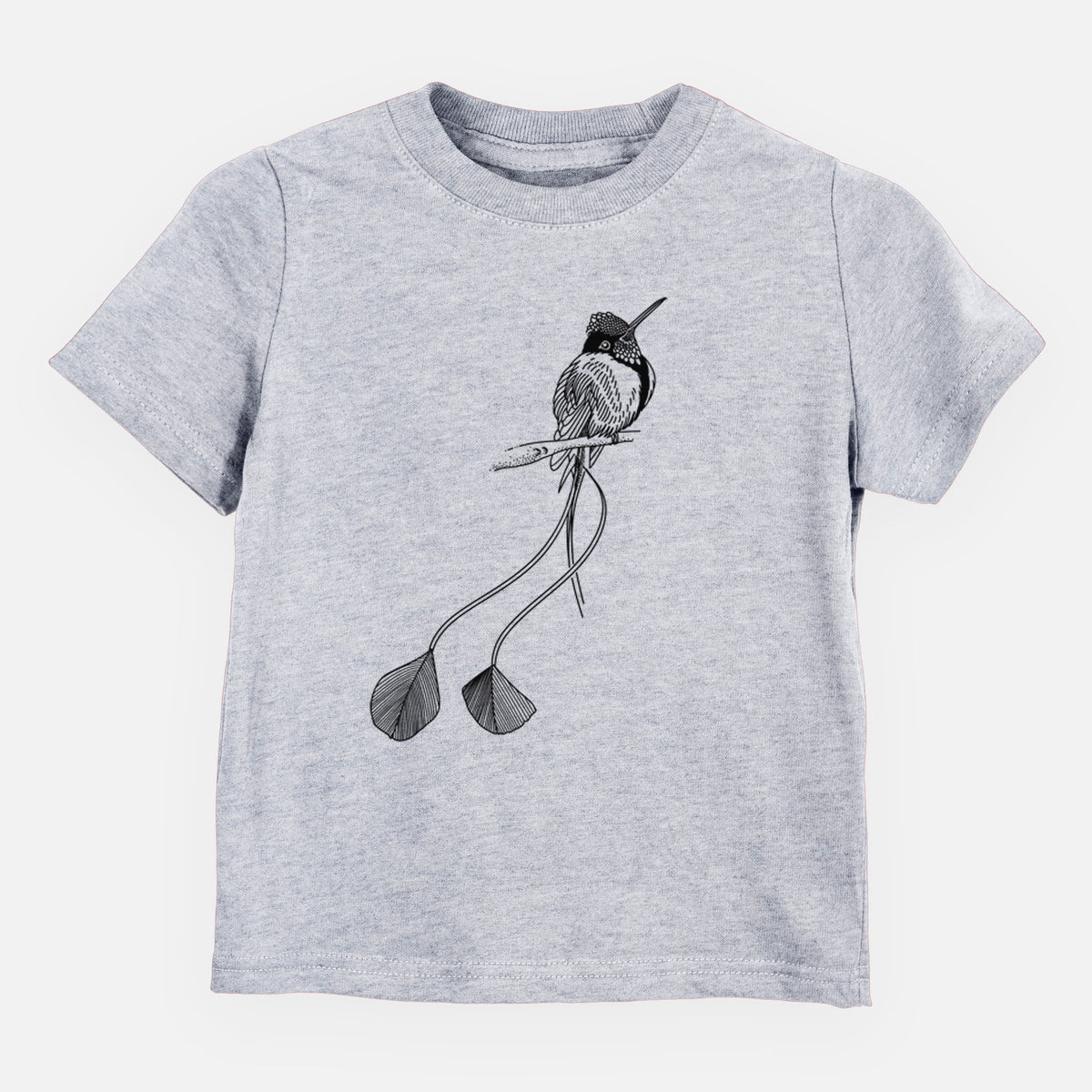 Heather grey toddler t-shirt laid flat, printed with a black ink illustration of a marvelous spatuletail hummingbird perched, with its two long racket-tipped tail feathers.