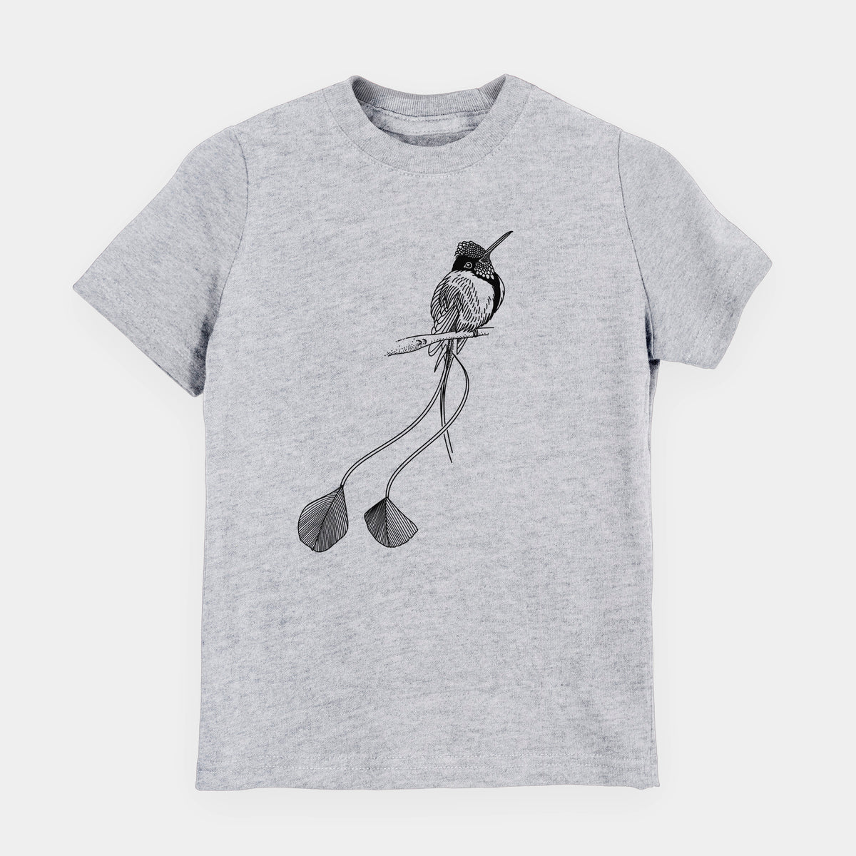 Heather grey youth t-shirt laid flat, printed with a black ink illustration of a marvelous spatuletail hummingbird perched, with its two long racket-tipped tail feathers.