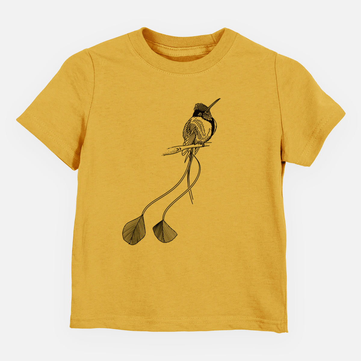 Honeycomb yellow toddler t-shirt laid flat, printed with a black ink illustration of a marvelous spatuletail hummingbird perched, with its two long racket-tipped tail feathers.
