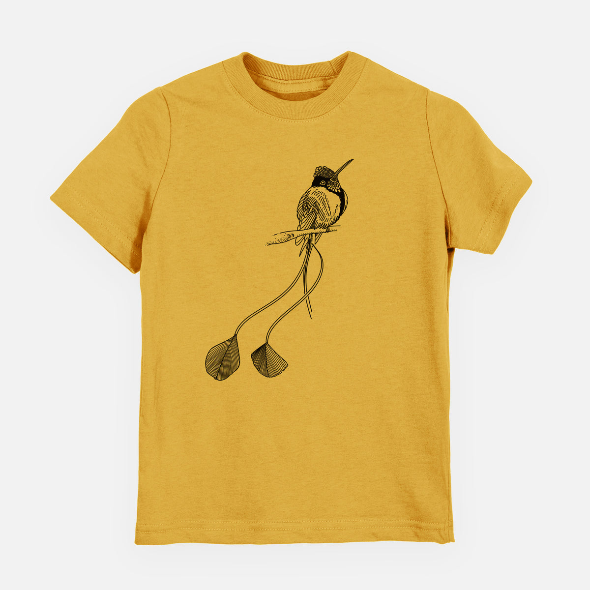 Honeycomb yellow youth t-shirt laid flat, printed with a black ink illustration of a marvelous spatuletail hummingbird perched, with its two long racket-tipped tail feathers.