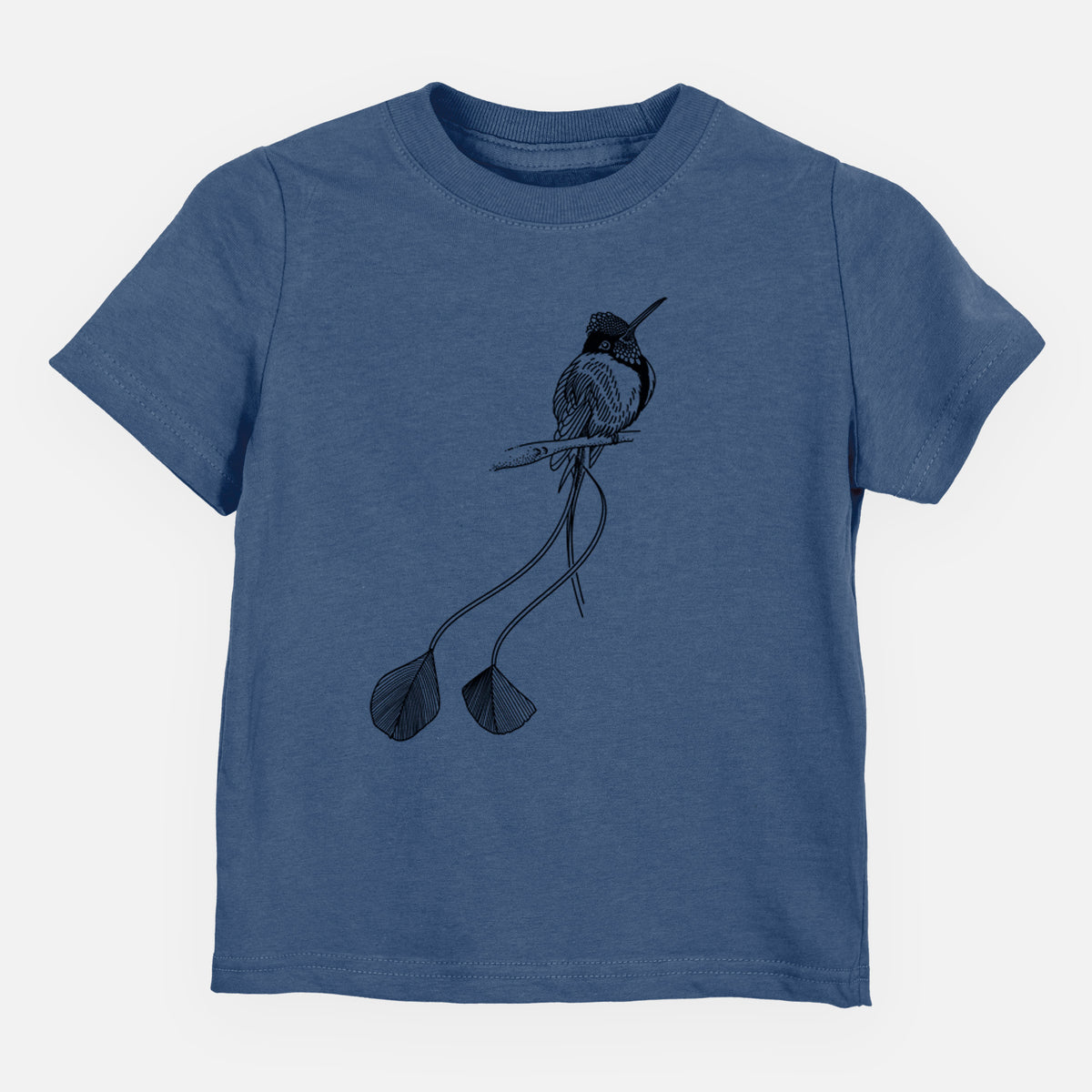 Indigo blue toddler t-shirt laid flat, printed with a black ink illustration of a marvelous spatuletail hummingbird perched, with its two long racket-tipped tail feathers.