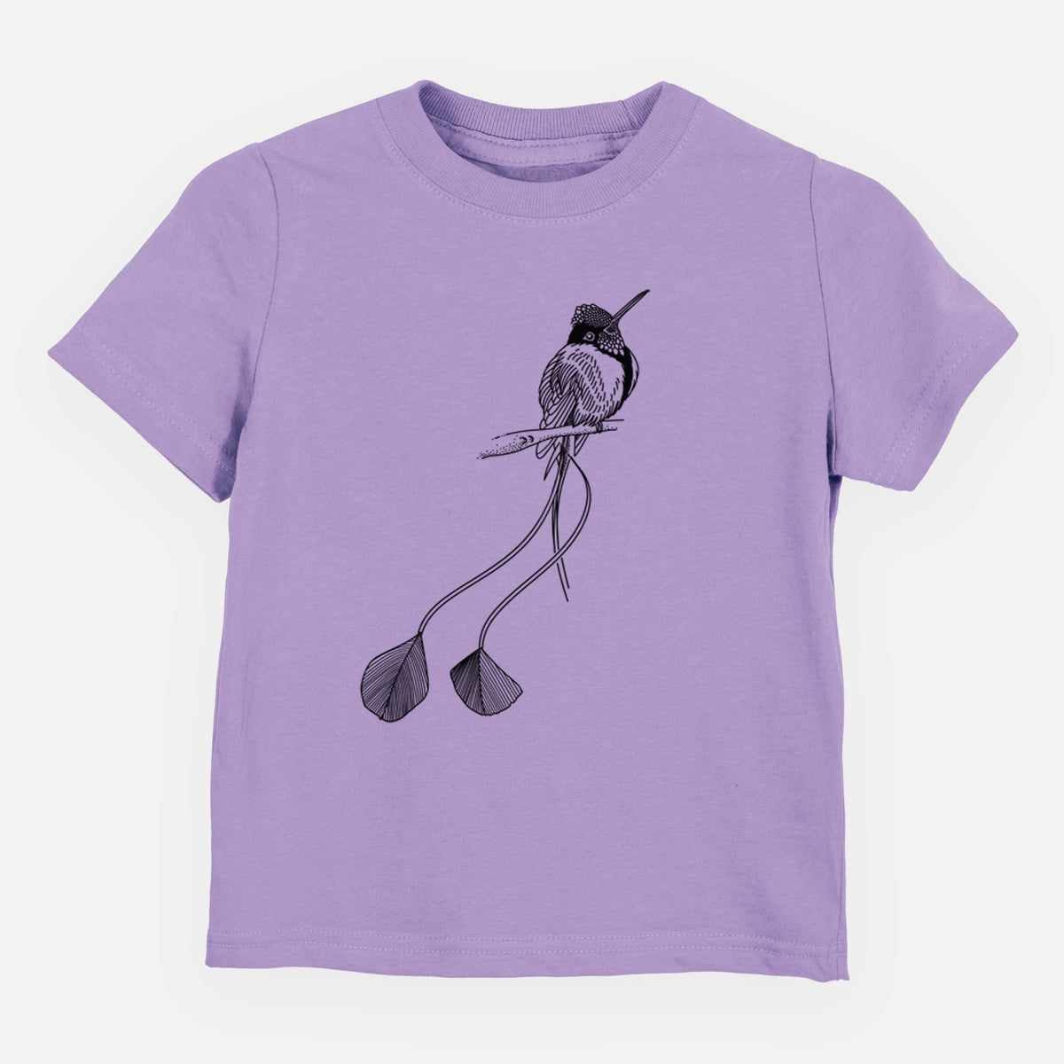 Lavender toddler t-shirt laid flat, printed with a black ink illustration of a marvelous spatuletail hummingbird perched, with its two long racket-tipped tail feathers.