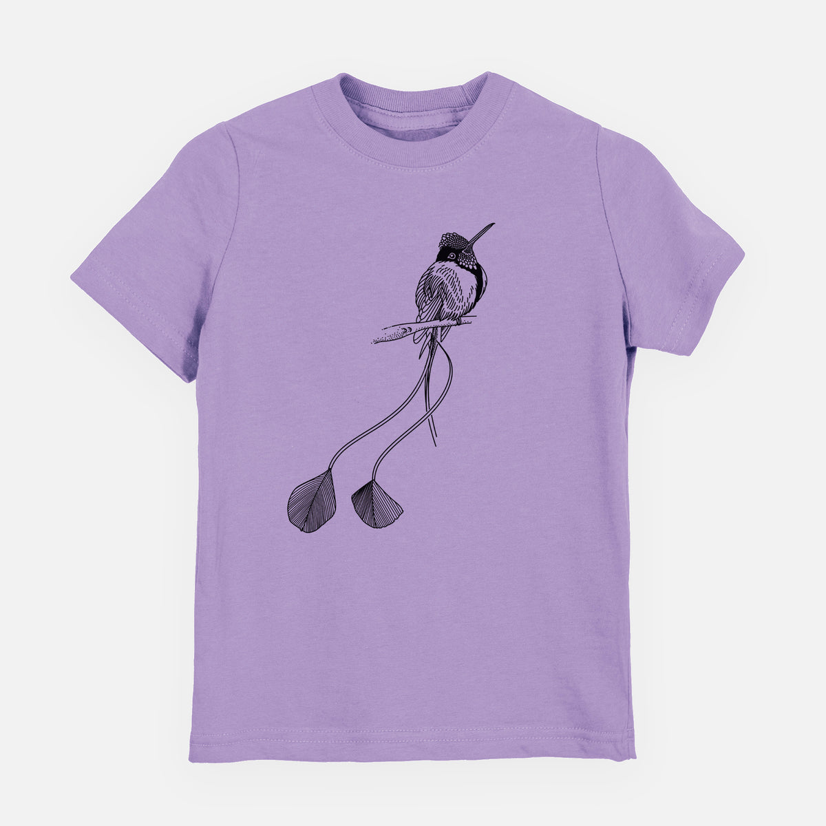 Lavender youth t-shirt laid flat, printed with a black ink illustration of a marvelous spatuletail hummingbird perched, with its two long racket-tipped tail feathers.