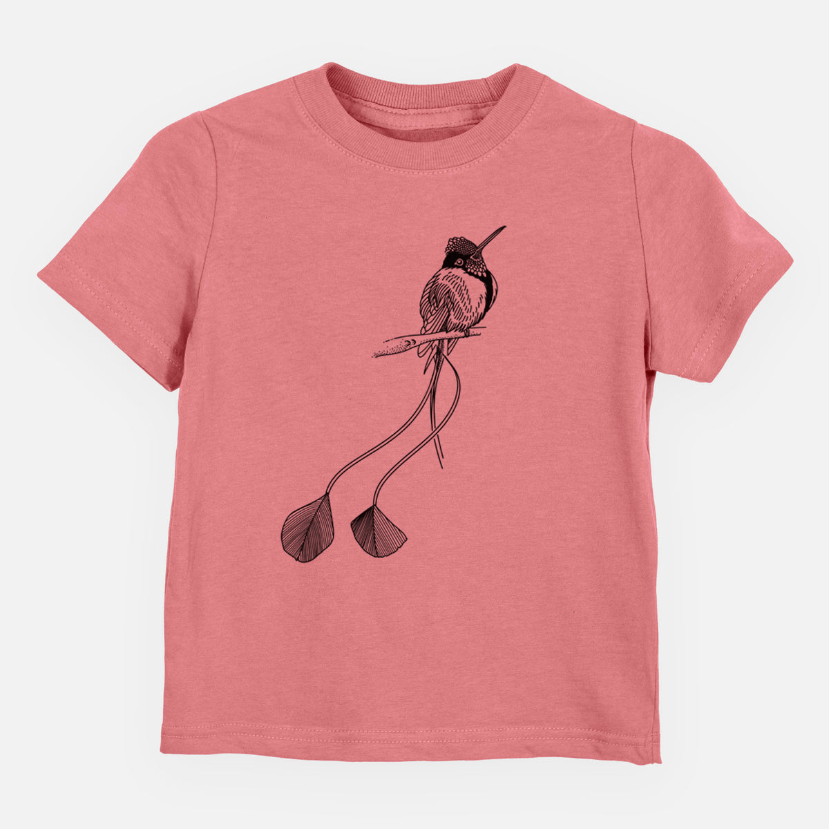 Mauve pink toddler t-shirt laid flat, printed with a black ink illustration of a marvelous spatuletail hummingbird perched, with its two long racket-tipped tail feathers.
