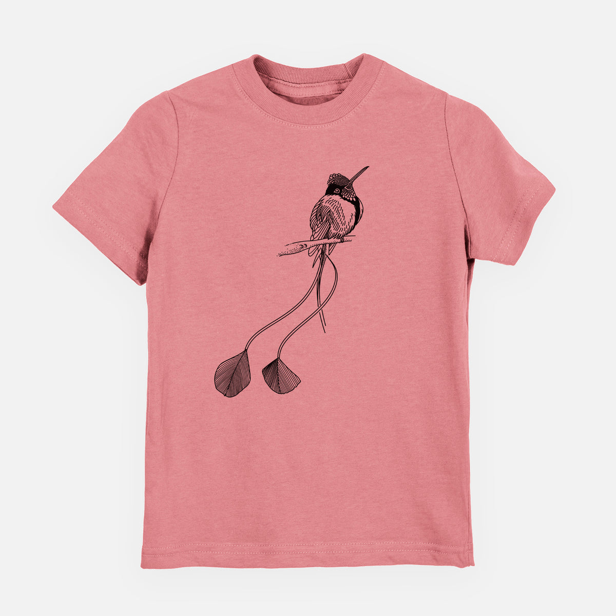Mauve pink youth t-shirt laid flat, printed with a black ink illustration of a marvelous spatuletail hummingbird perched, with its two long racket-tipped tail feathers.