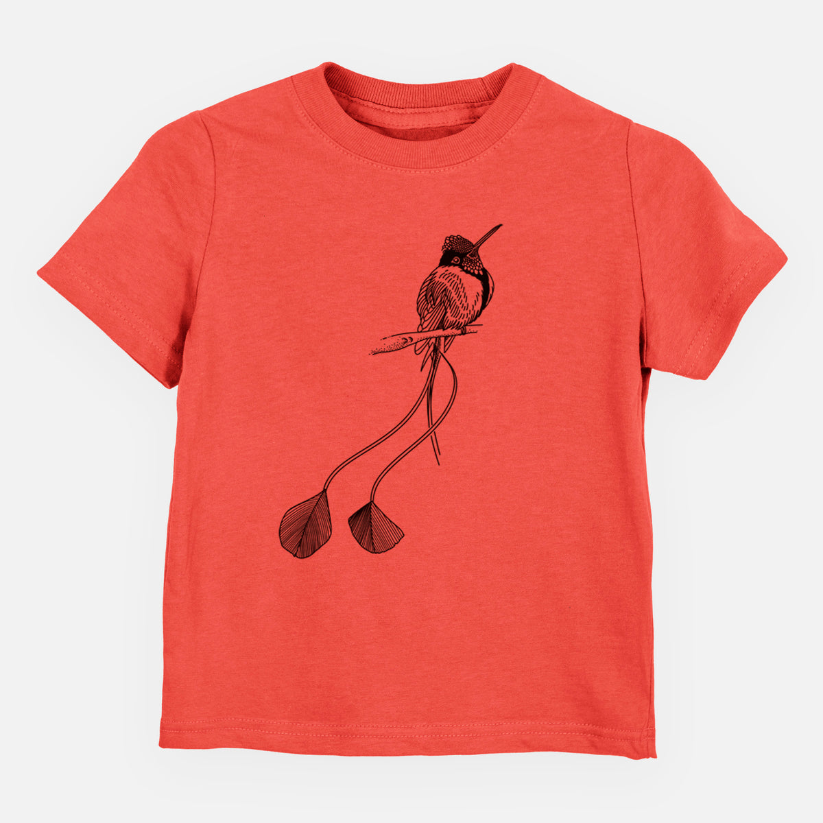 Passionfruit pink toddler t-shirt laid flat, printed with a black ink illustration of a marvelous spatuletail hummingbird perched, with its two long racket-tipped tail feathers.