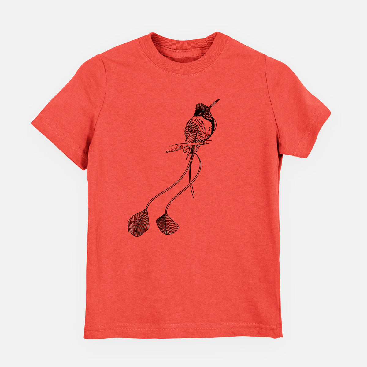 Passionfruit pink youth t-shirt laid flat, printed with a black ink illustration of a marvelous spatuletail hummingbird perched, with its two long racket-tipped tail feathers.