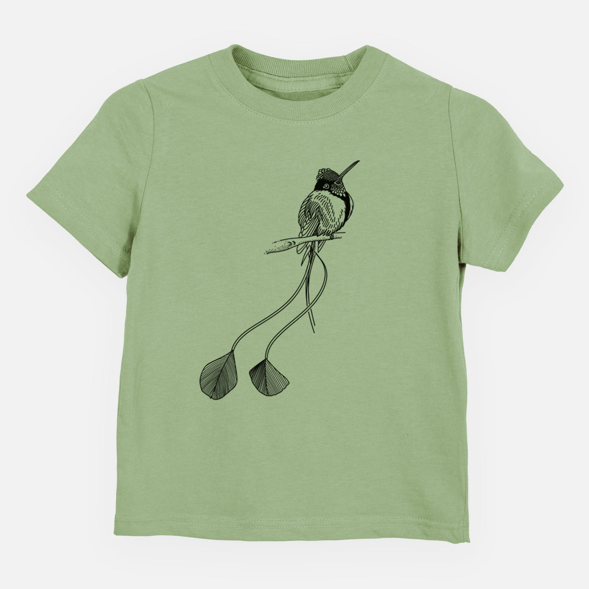 Sage green toddler t-shirt laid flat, printed with a black ink illustration of a marvelous spatuletail hummingbird perched, with its two long racket-tipped tail feathers.