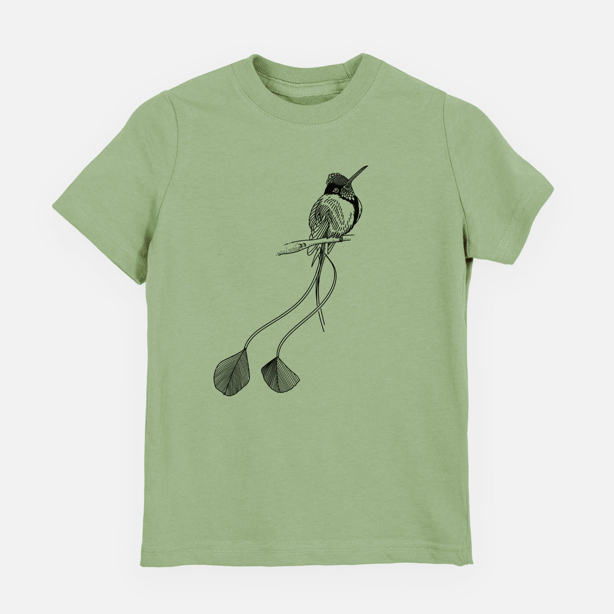 Sage green youth t-shirt laid flat, printed with a black ink illustration of a marvelous spatuletail hummingbird perched, with its two long racket-tipped tail feathers.