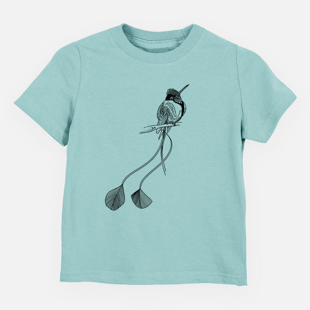 Saltwater toddler t-shirt laid flat, printed with a black ink illustration of a marvelous spatuletail hummingbird perched, with its two long racket-tipped tail feathers.