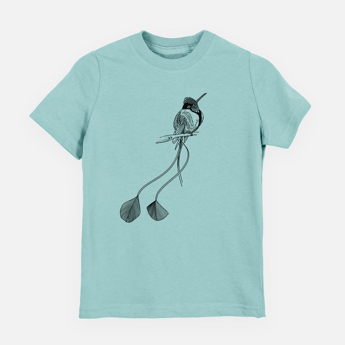 Saltwater youth t-shirt laid flat, printed with a black ink illustration of a marvelous spatuletail hummingbird perched, with its two long racket-tipped tail feathers.