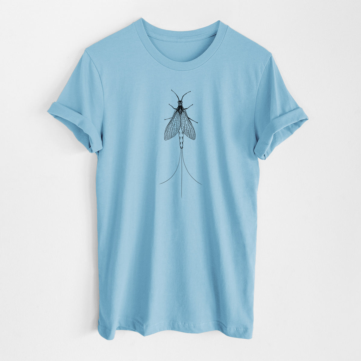 Ocean blue lightweight cotton t-shirt laid flat, printed with a detailed black ink illustration of a mayfly with its wings raised and long tail filaments.
