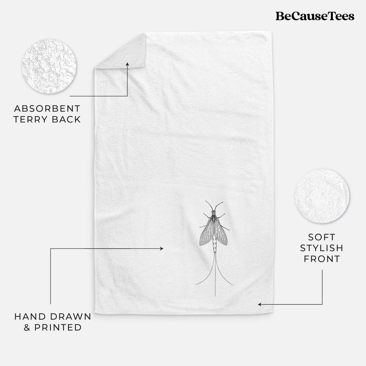 White hand towel printed with a detailed black ink illustration of a mayfly with its wings raised and long tail filaments.