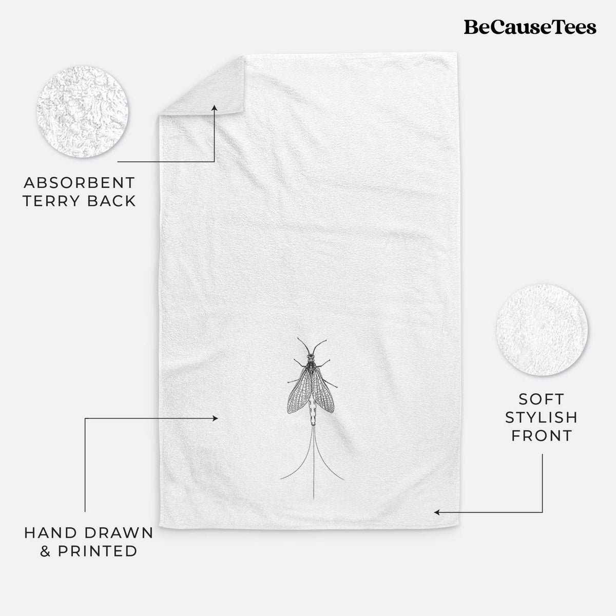White hand towel printed with a detailed black ink illustration of a mayfly with its wings raised and long tail filaments.