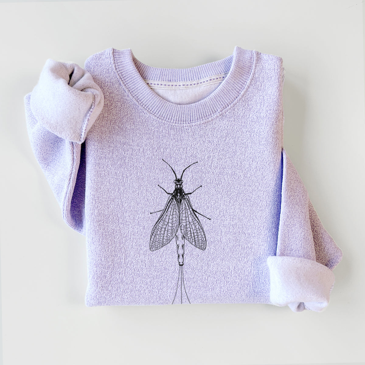 Ice purple knit sweatshirt printed with a detailed black ink illustration of a mayfly with its wings raised and long tail filaments, styled flat.