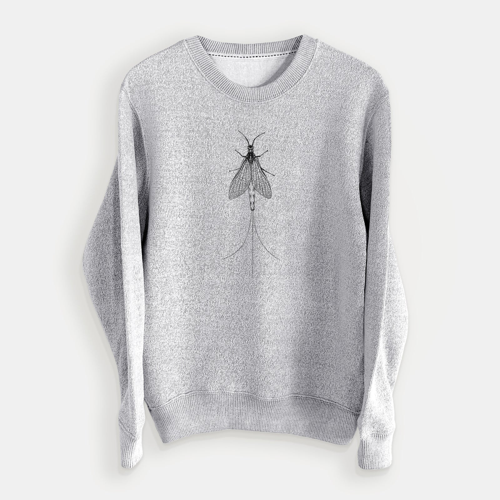 Salt and pepper knit sweatshirt laid flat, printed with a detailed black ink illustration of a mayfly with its wings raised and long tail filaments.
