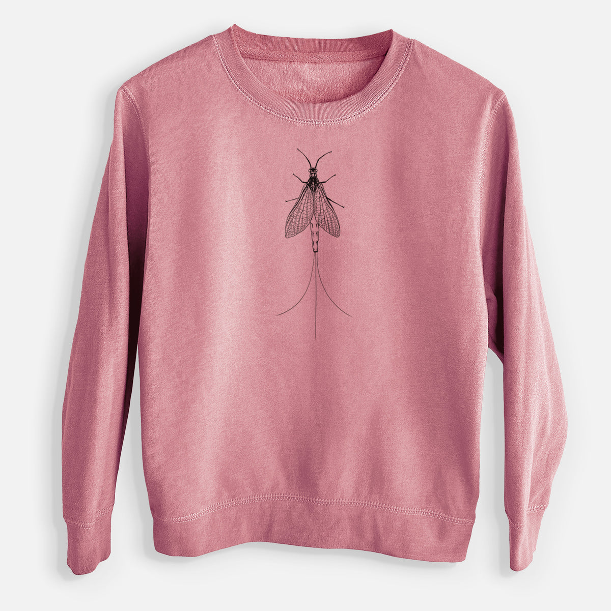 Mauve pink youth crewneck sweatshirt laid flat, printed with a detailed black ink illustration of a mayfly with its wings raised and long tail filaments.