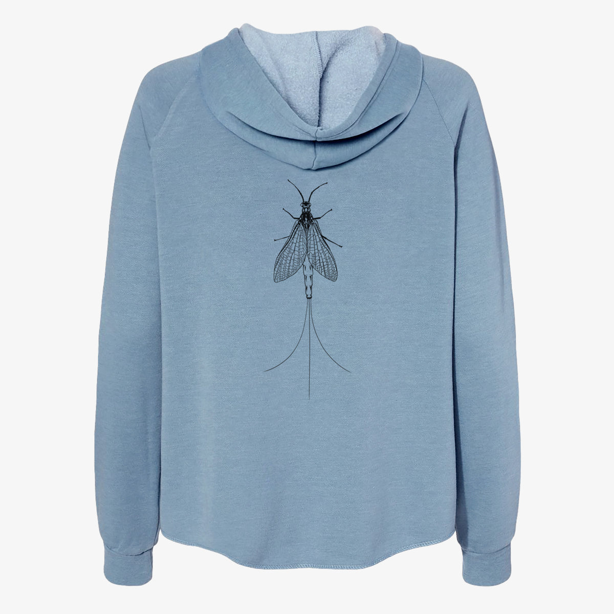 Misty blue women's Cali Wave zip-up sweatshirt laid flat, printed with a detailed black ink illustration of a mayfly with its wings raised and long tail filaments.