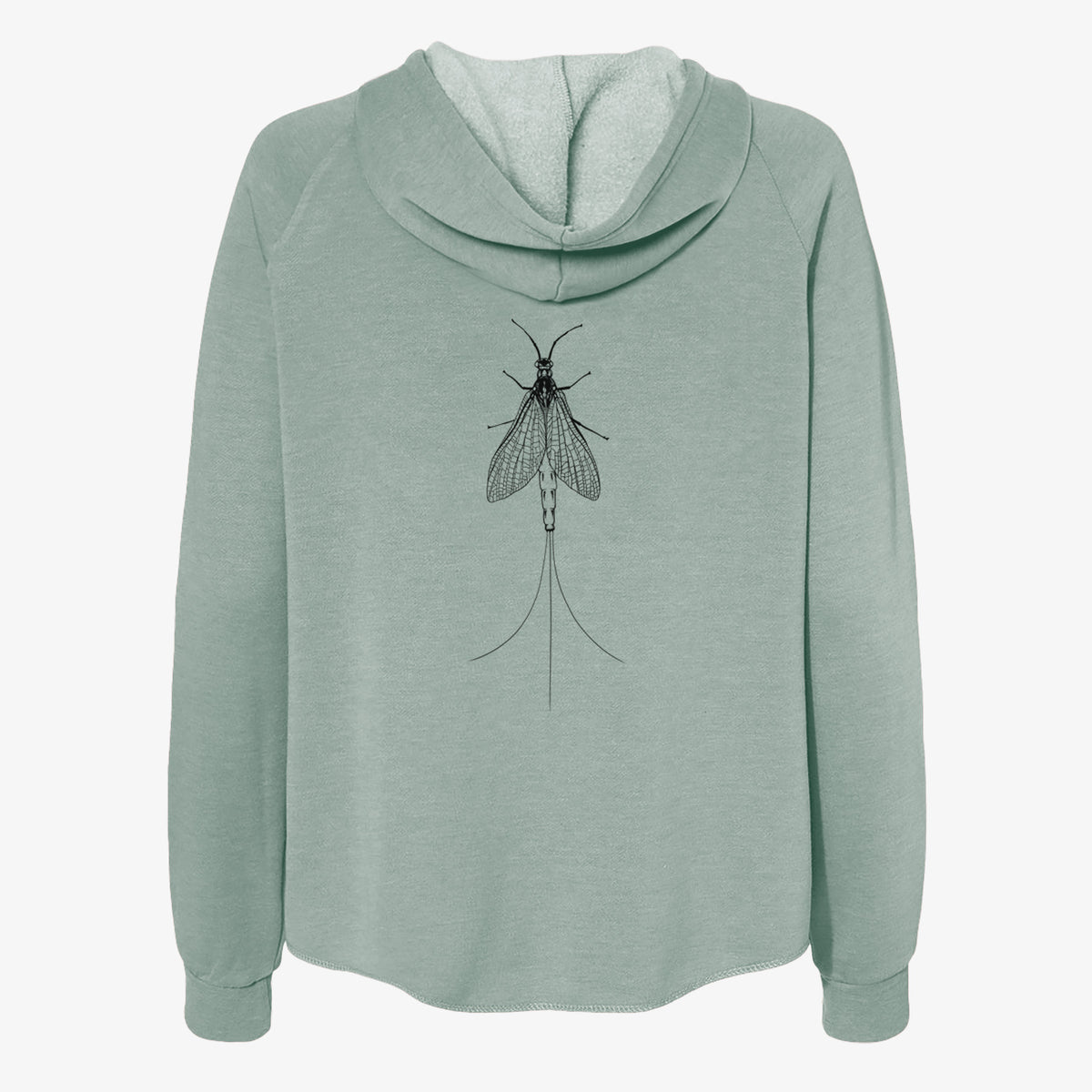 Sage green women's Cali Wave zip-up sweatshirt laid flat, printed with a detailed black ink illustration of a mayfly with its wings raised and long tail filaments.