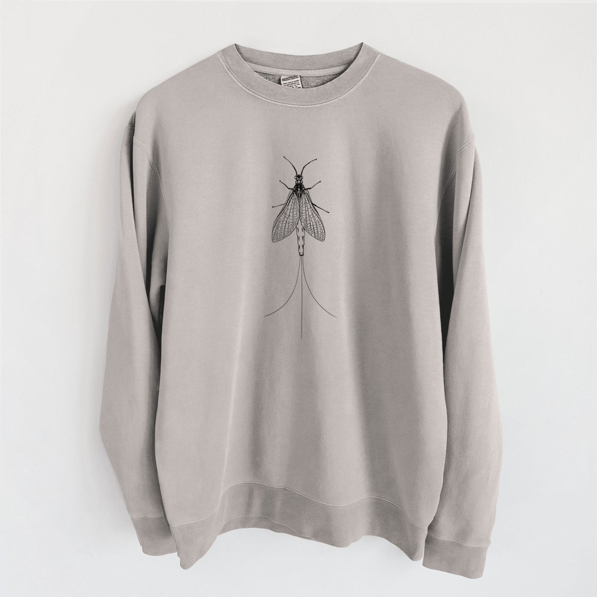 Cement grey pigment dyed crewneck sweatshirt laid flat, printed with a detailed black ink illustration of a mayfly with its wings raised and long tail filaments.