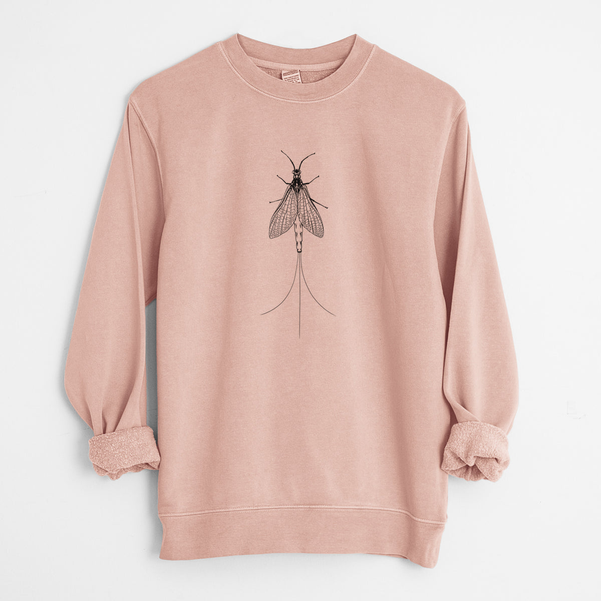 Dusty pink pigment dyed crewneck sweatshirt laid flat with the sleeves rolled, printed with a detailed black ink illustration of a mayfly with its wings raised and long tail filaments.