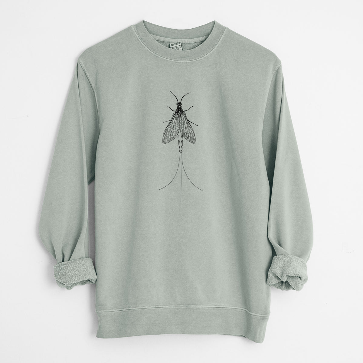Sage green pigment dyed crewneck sweatshirt laid flat with the sleeves rolled, printed with a detailed black ink illustration of a mayfly with its wings raised and long tail filaments.