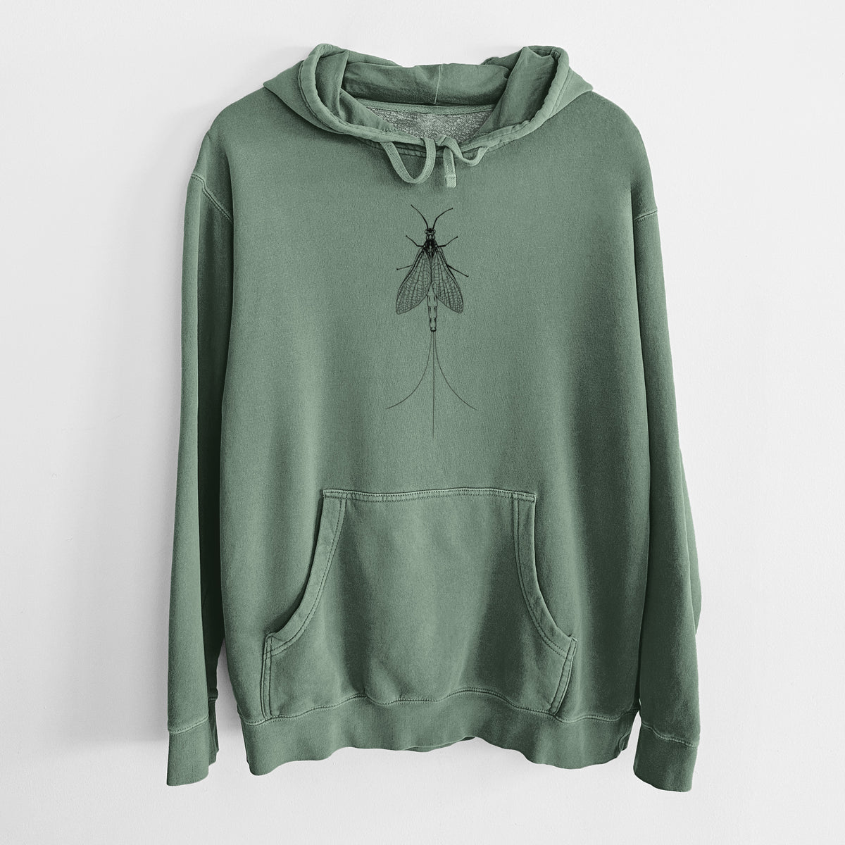Alpine green pigment dyed hoodie laid flat, printed with a detailed black ink illustration of a mayfly with its wings raised and long tail filaments.