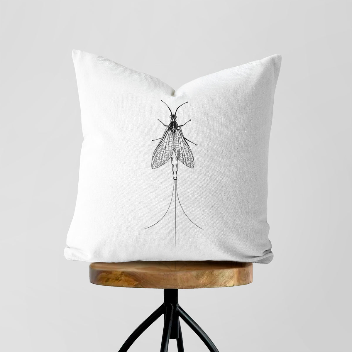 White pillow cover printed with a detailed black ink illustration of a mayfly with its wings raised and long tail filaments, on a wooden stool.