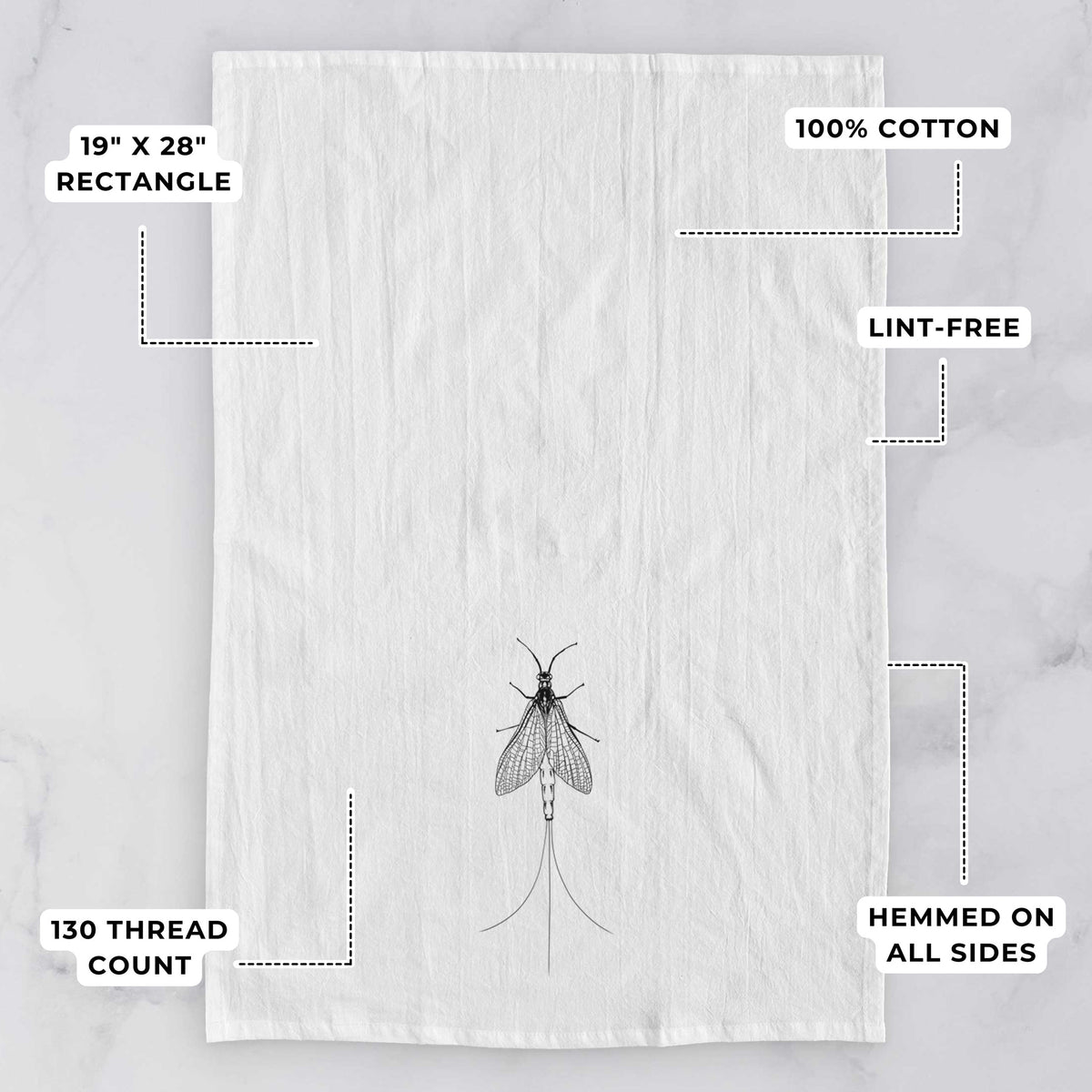 White tea towel printed with a detailed black ink illustration of a mayfly with its wings raised and long tail filaments, with feature labels: 19 by 28 inch rectangle, 100% cotton, lint-free, 130 thread count, hemmed on all sides.