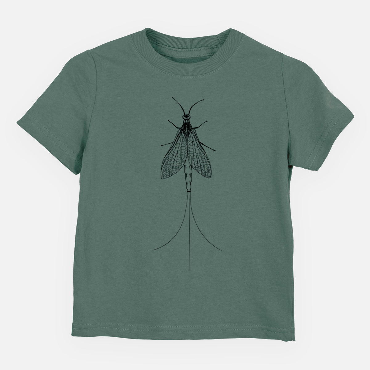 Basil green toddler t-shirt laid flat, printed with a detailed black ink illustration of a mayfly with its wings raised and long tail filaments.